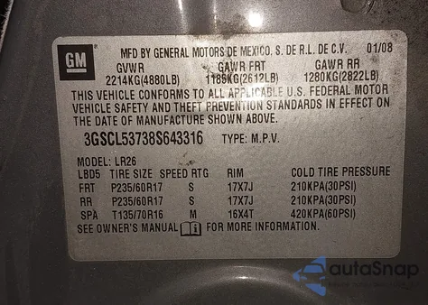 2008 Saturn Vue V6 Xr from USA, damaged, VIN 3GSCL53738S643316